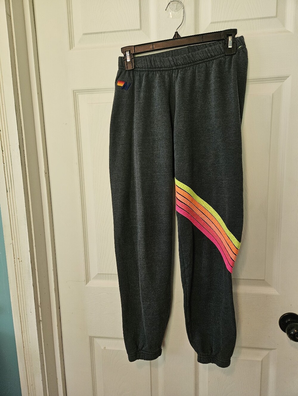 Aviator Nation Dark Charcoal Joggers with Neon Rainbow Stripes